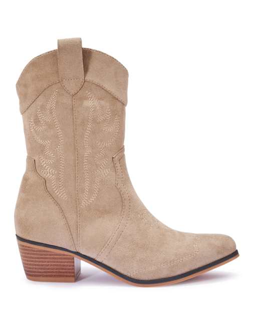 SEQWL Wide Fit Western cowboy mid calf boots with embroidered detail in stone, 3 of 5