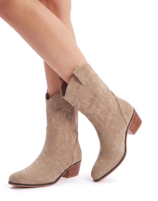 SEQWL Wide Fit Western cowboy mid calf boots with embroidered detail in stone, 4 of 5