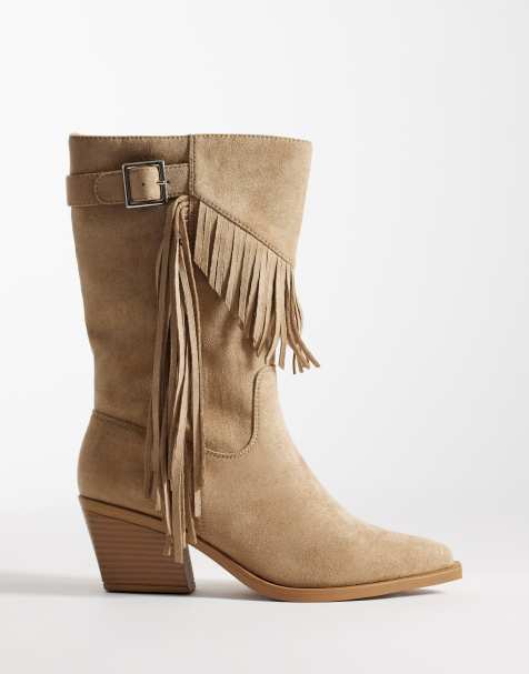 SEQWL Wide Fit Western Knee Boots with buckle and fringing in sand micro - view 1