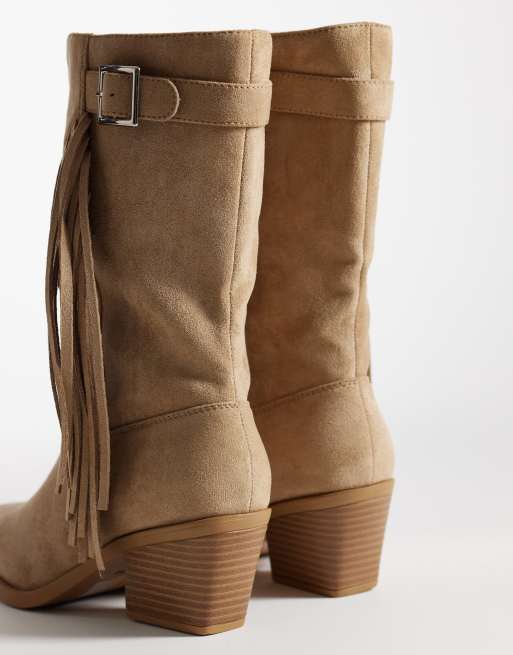 SEQWL Wide Fit Western Knee Boots with buckle and fringing in sand micro, 3 of 4
