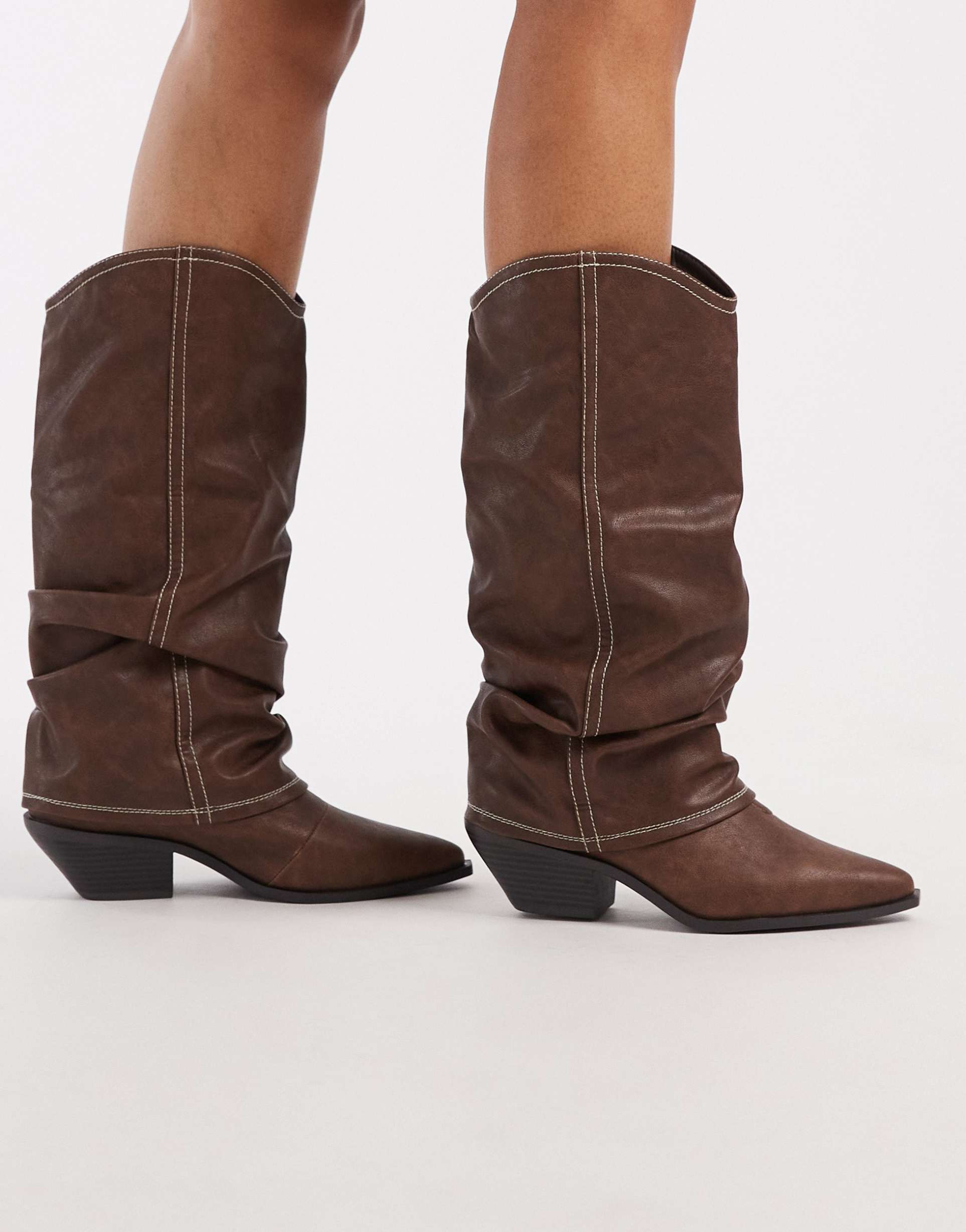 seqwl wide fit western knee boots with ruching in brown