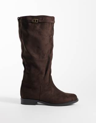 Seqwl Wide Fit Whispa Faux Suede Refined Riding Knee Boots In Brown