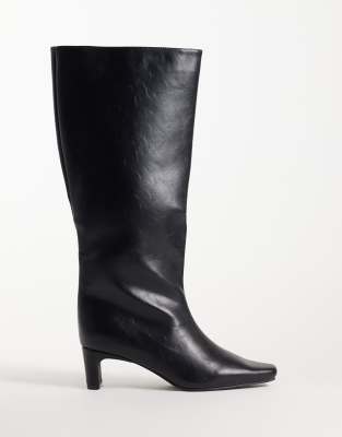 Seqwl Wide Fit Woody Chisel Toe Knee High Kitten Heel Boots In Black