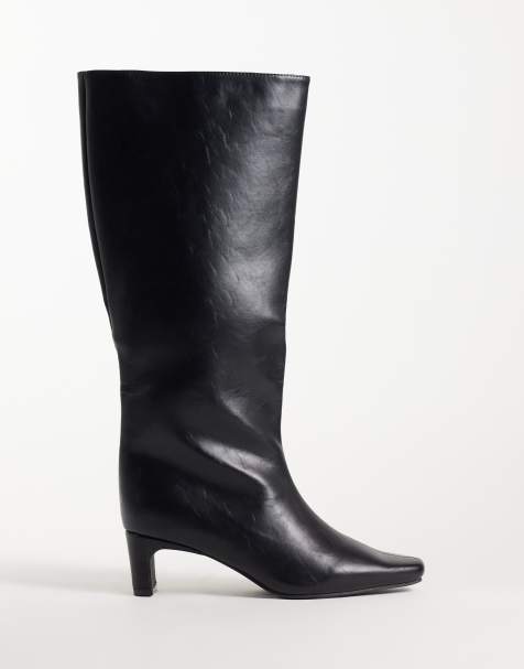 SEQWL Wide Fit Woody chisel toe knee high kitten heel boots in black - view 1