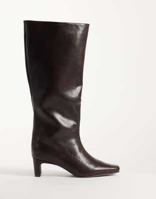 Seqwl Wide Fit Woody Chisel Toe Knee High Kitten Heel Boots In Brown