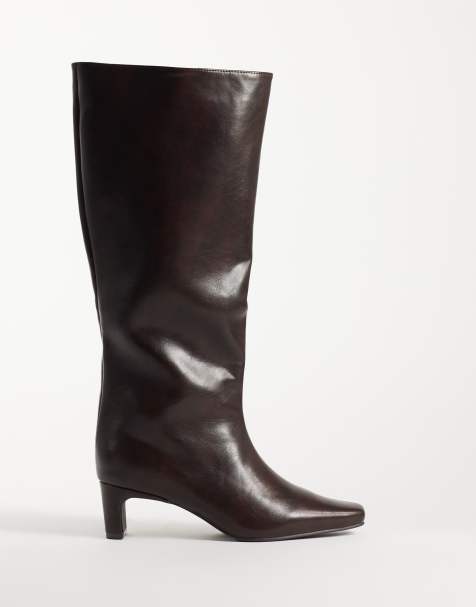 SEQWL Wide Fit Woody chisel toe knee high kitten heel boots in brown - view 1