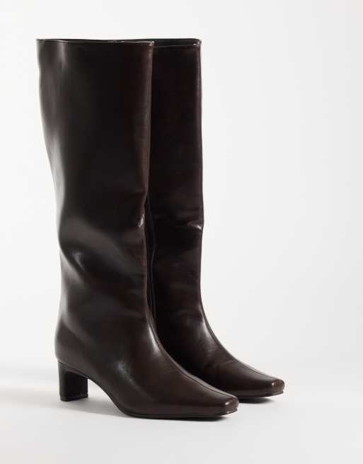 SEQWL Wide Fit Woody chisel toe knee high kitten heel boots in brown, 2 of 4