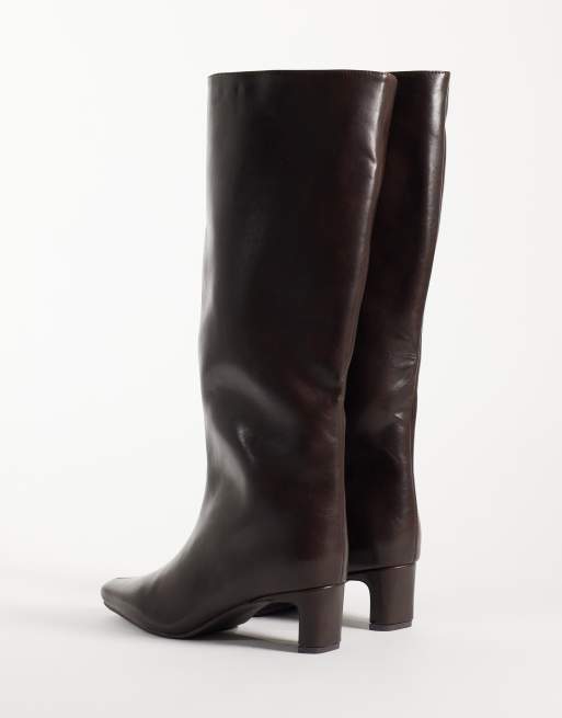 SEQWL Wide Fit Woody chisel toe knee high kitten heel boots in brown, 4 of 4