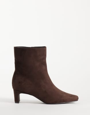 Seqwl Wide Fit Woody Faux Suede Kitten Heel Chisel Toe Ankle Boots In Brown
