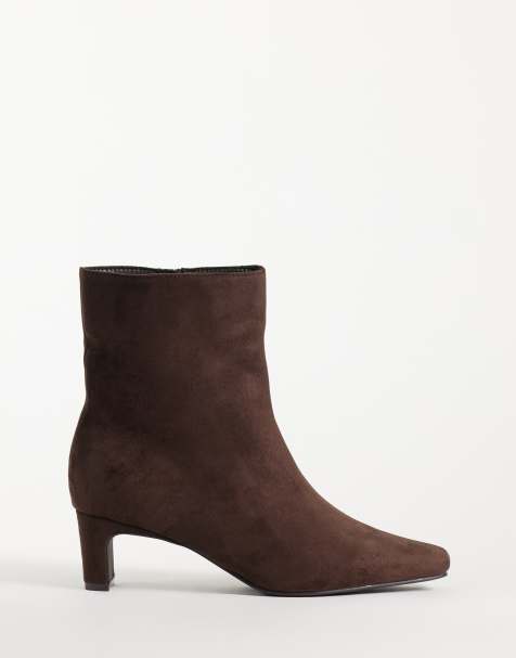 SEQWL Wide Fit Woody faux suede kitten heel chisel toe ankle boots in chocolate brown - view 1