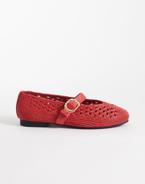 SEQWL Wide Fit Woven ballet flat with buckle detail in red - view 1