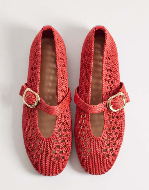SEQWL Wide Fit Woven ballet flat with buckle detail  red, 2 of 4