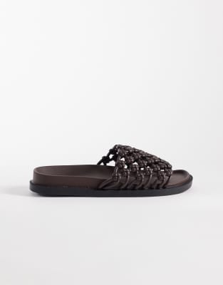 Seqwl Wide Fit Woven Flat Sandals In Brown