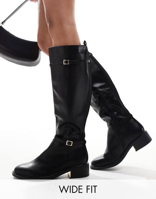 Black leather knee high boots wide fit best sale