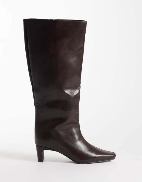 SEQWL Woody chisel toe knee high kitten heel boots in brown - view 1