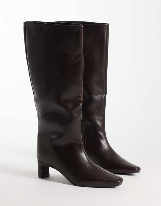 SEQWL Woody chisel toe knee high kitten heel boots in brown, 3 of 4