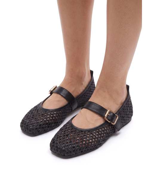 SEQWL Woven mary jane flats with adjustable buckle strap in black, 4 of 5