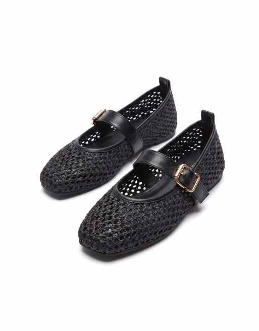 SEQWL Woven mary jane flats with adjustable buckle strap in black, 5 of 5