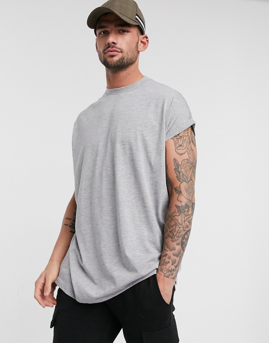фото Серая длинная oversize-футболка с круглым вырезом и отворотами на рукавах asos design-серый