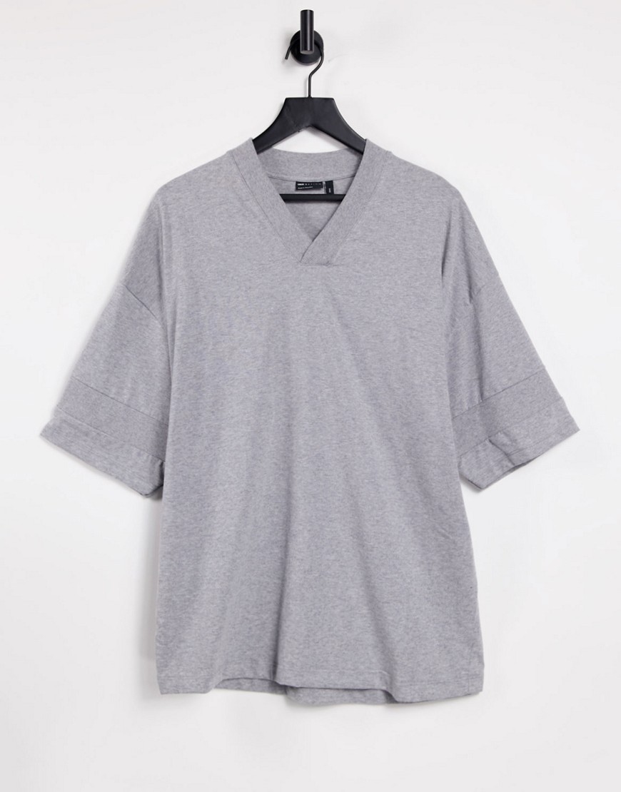 фото Серая меланжевая oversized-футболка из плотного материала с v-образным вырезом и отделкой в рубчик asos design-серый