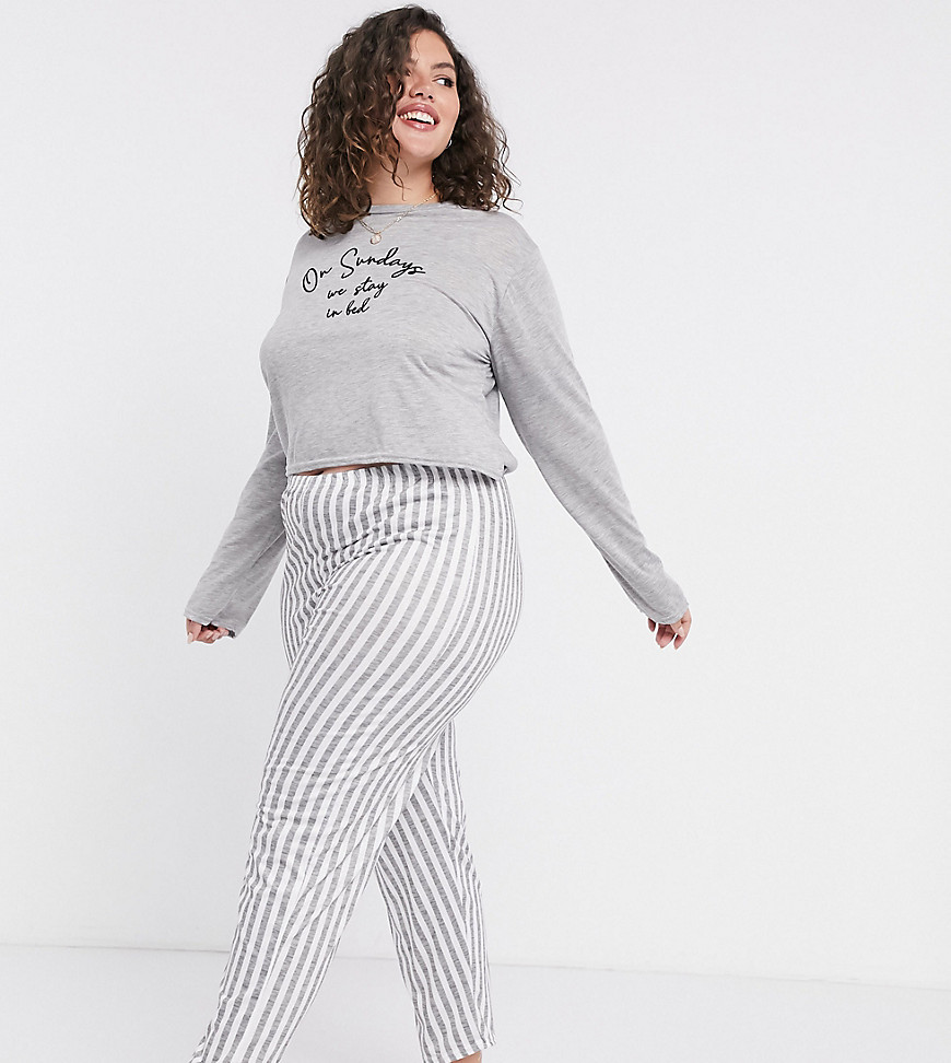 Серая пижама с лонгсливом и брюками в полоску In The Style Plus x Billie Faiers-Серый