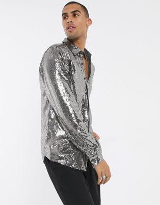 фото Серая рубашка классического кроя с блестящими пайетками asos design-серый