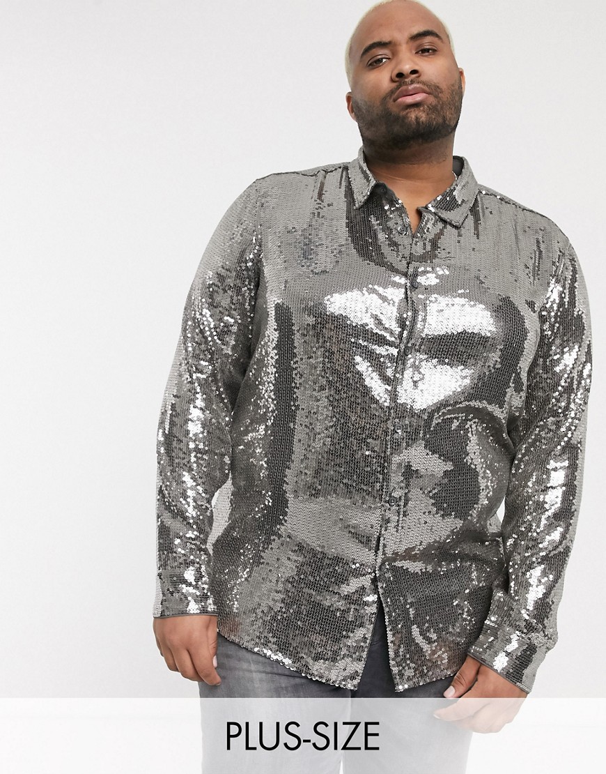 фото Серая рубашка классического кроя с пайетками asos design plus-серый