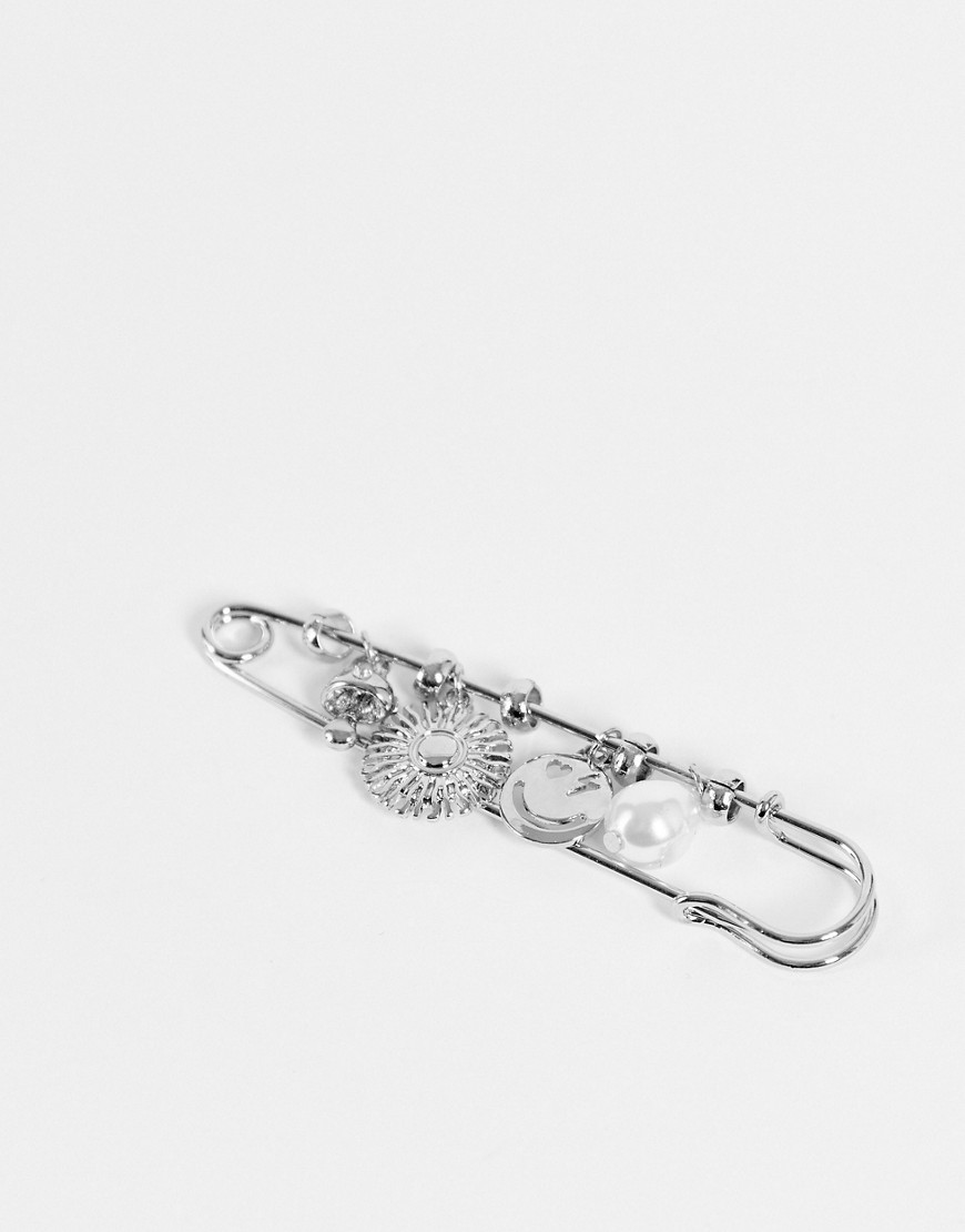 фото Серебристая булавка для лацканов с подвесками и искусственным жемчугом asos design-серебряный