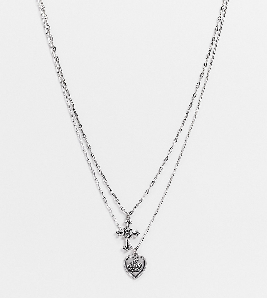 фото Серебристая цепочка в два ряда с подвесками в виде креста и сердца reclaimed vintage inspired-серебряный