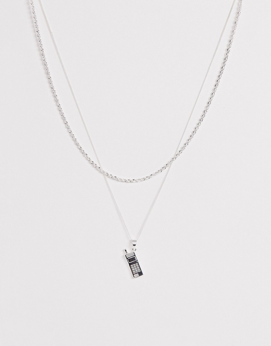 фото Серебристое двухслойное ожерелье-цепочка с подвеской в виде мобильного телефона chained & able-серебряный