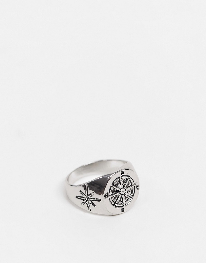 фото Серебристое кольцо-печатка с дизайном в виде компаса topman-серебристый