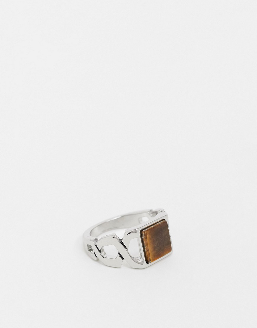 фото Серебристое кольцо-печатка с камнем "тигровый глаз" river island-серебряный