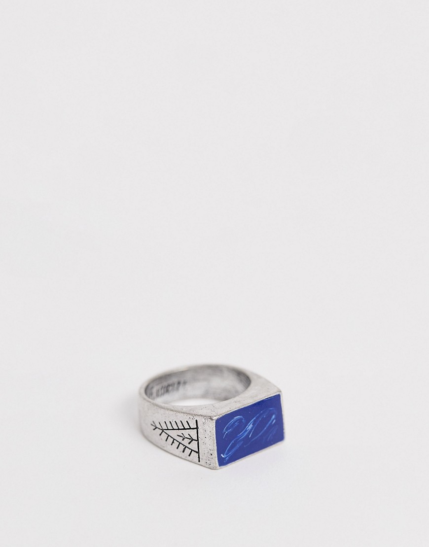 фото Серебристое кольцо-печатка с синей эпоксидной смолой classics 77-серебряный