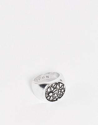 фото Серебристое кольцо-печатка с цветочным узором icon brand-серебряный