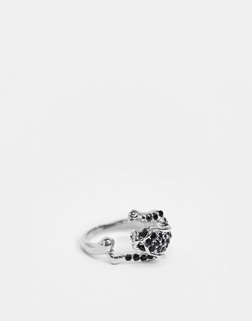 фото Серебристое кольцо с дизайном "пантера" и отделкой черными стразами designb-серебряный designb london
