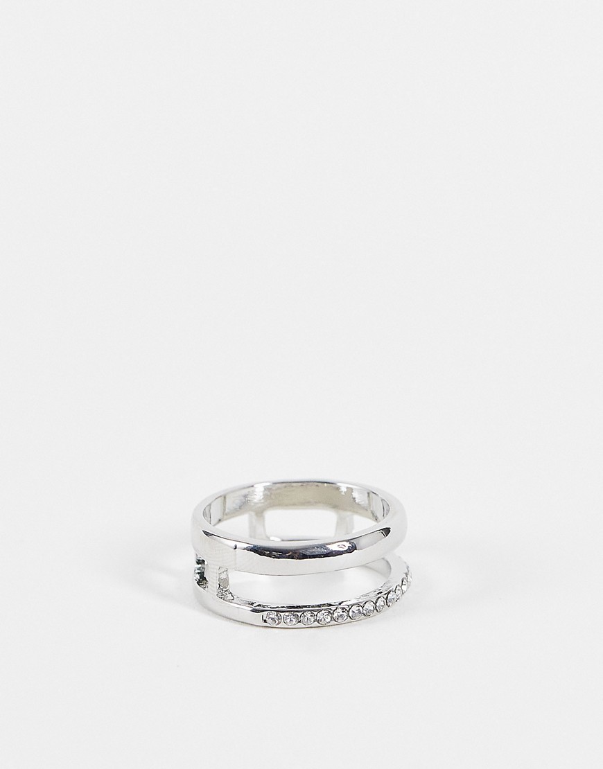 фото Серебристое кольцо с параллельным дизайном и мозаичной отделкой designb london curve-серебряный