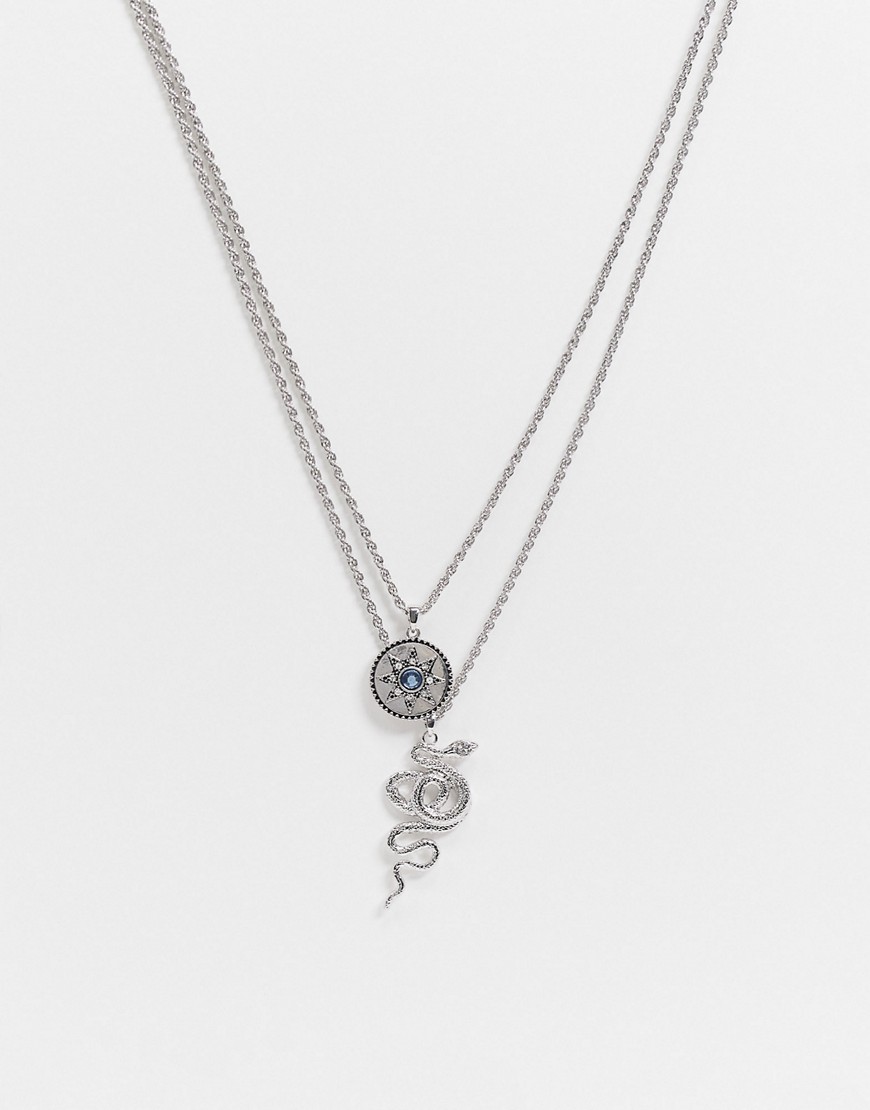 фото Серебристое многорядное ожерелье с подвесками в форме змеи и круга topman-серебристый