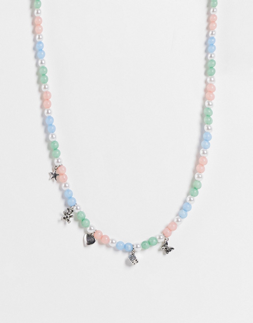 фото Серебристое ожерелье с подвесками и бусинами из искусственных камней и жемчуга asos design-разноцветный