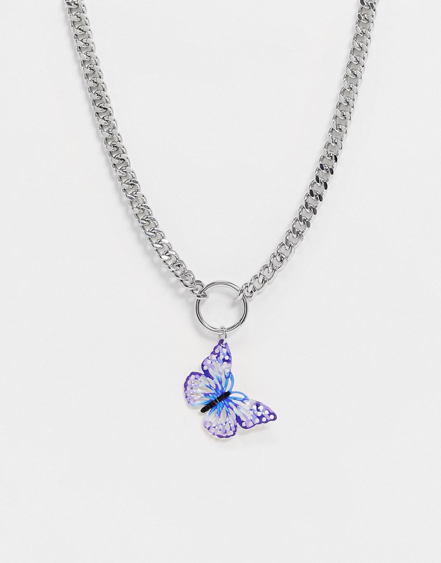  Серебристое ожерелье с подвеской-бабочкой фиолетового цвета ASOS DESIGN-Серебряный