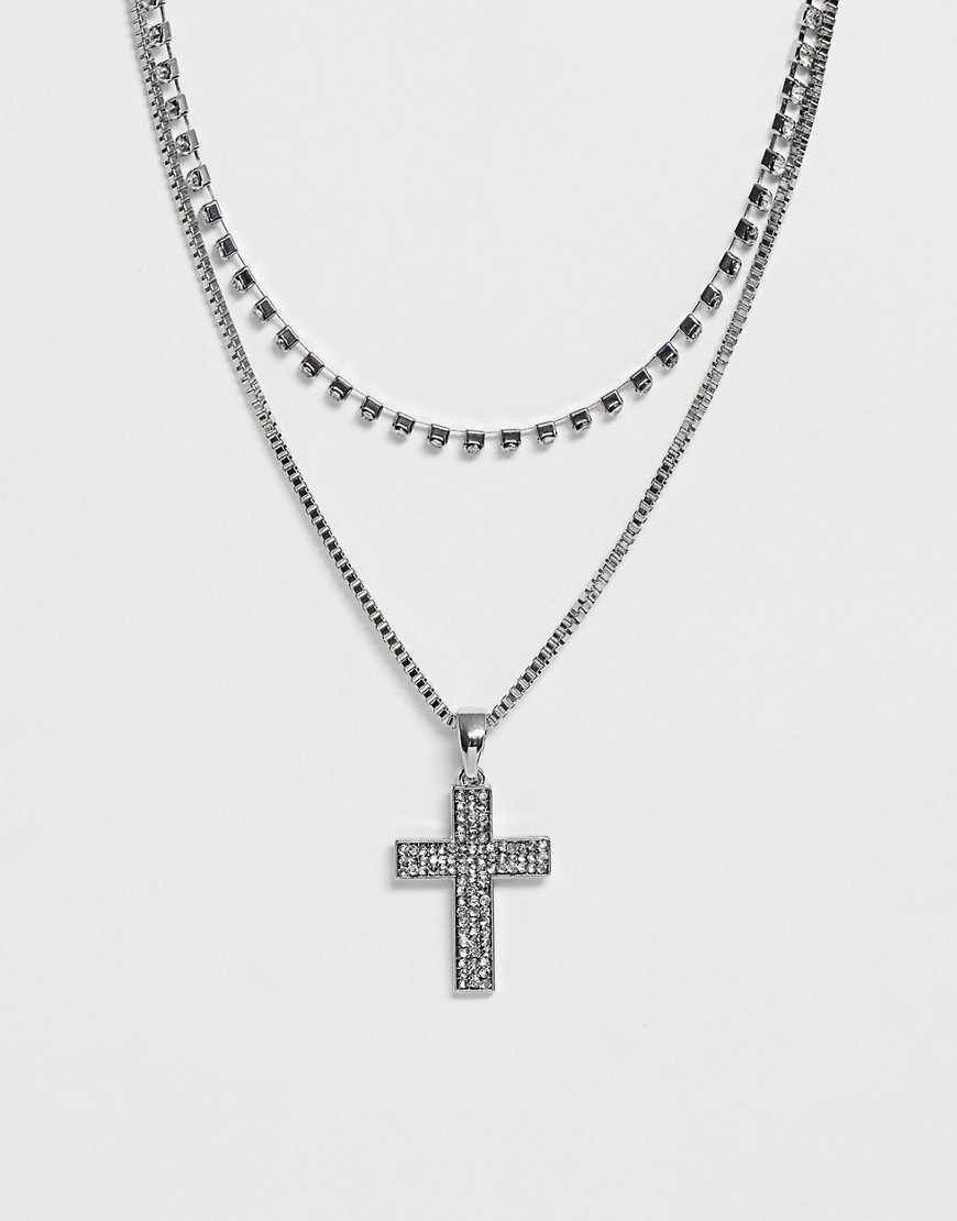 фото Серебристое ожерелье в несколько рядов с подвеской-крестом с кристаллами asos design-серебряный