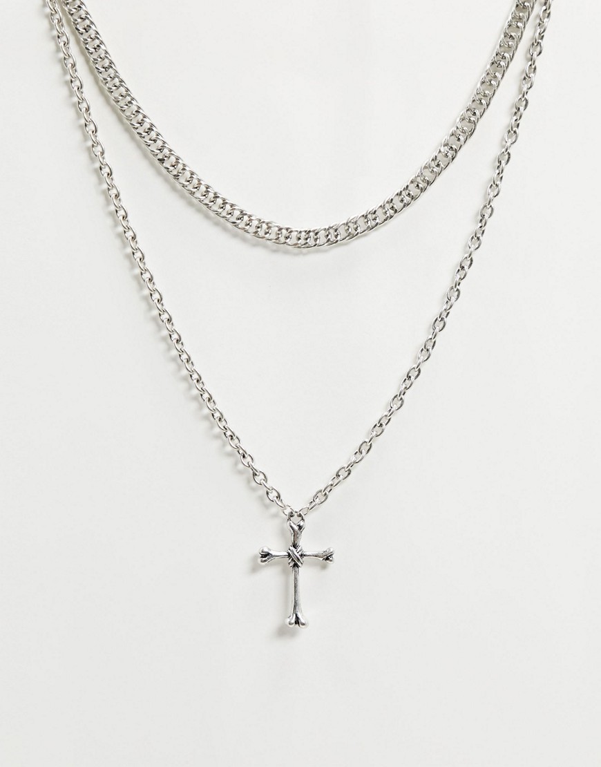 фото Серебристое ярусное ожерелье с подвеской-крестом asos design-серебряный