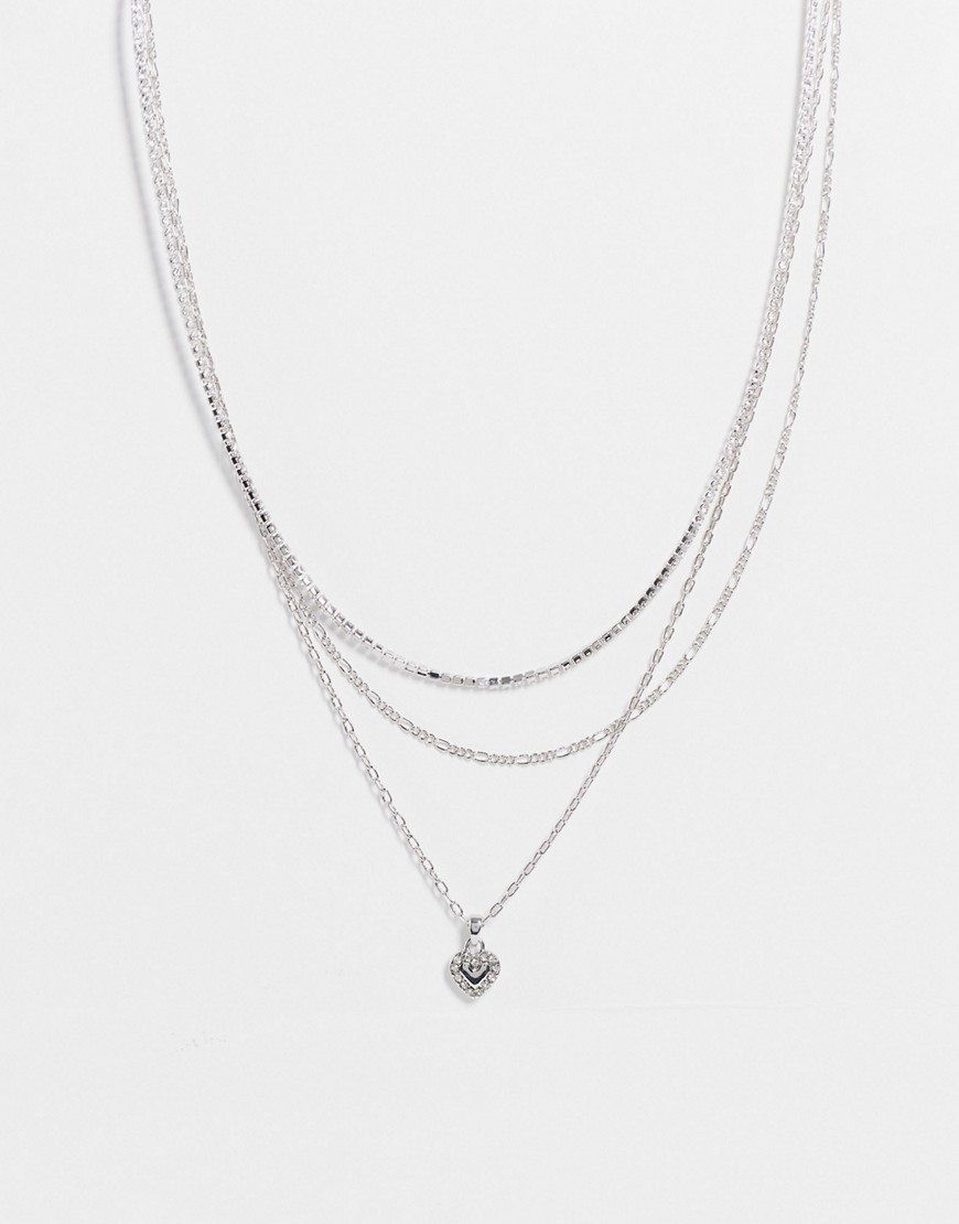 фото Серебристое ярусное ожерелье с сердечком со вставками topshop-серебристый
