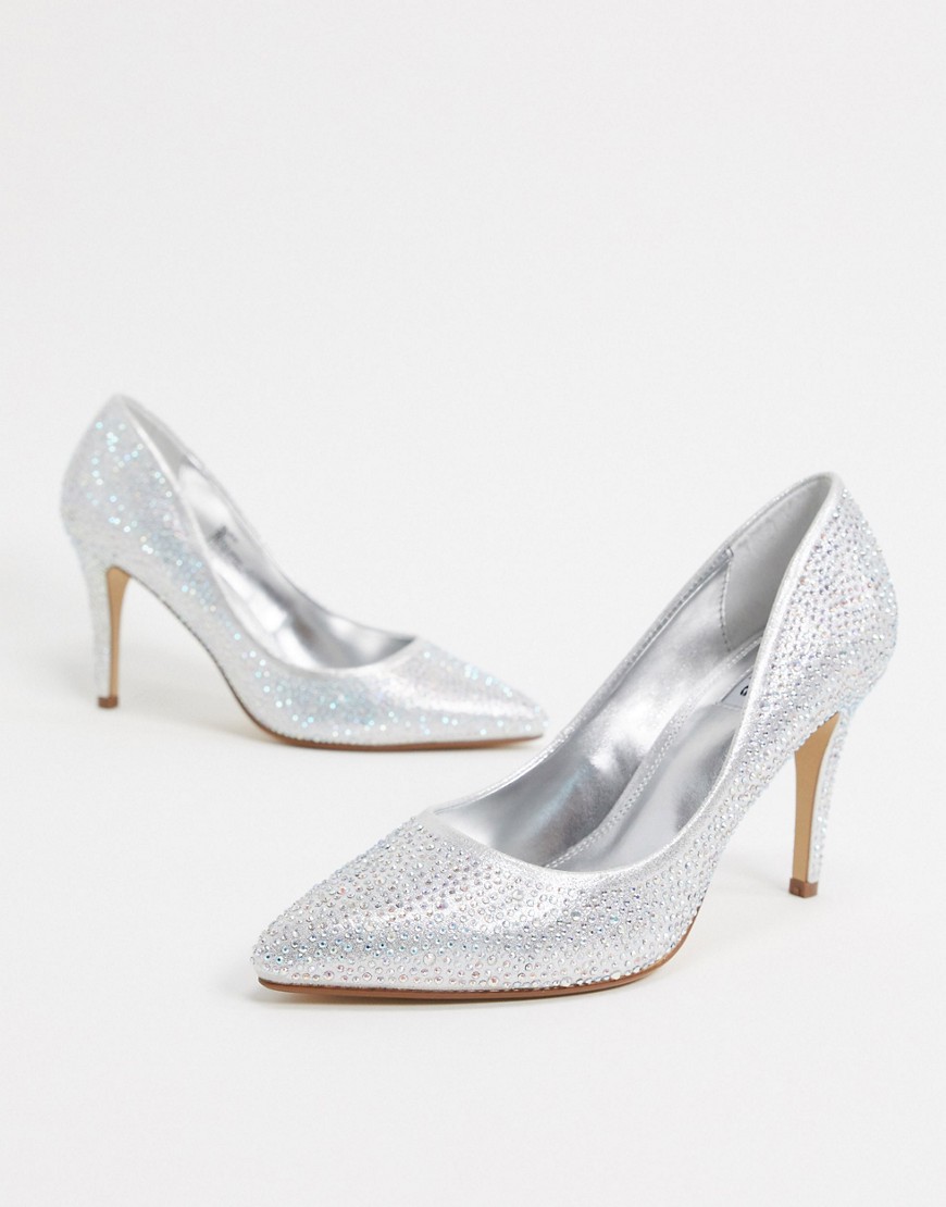 фото Серебристые блестящие туфли на высоком каблуке с заостренным носком dune wedding-серебряный