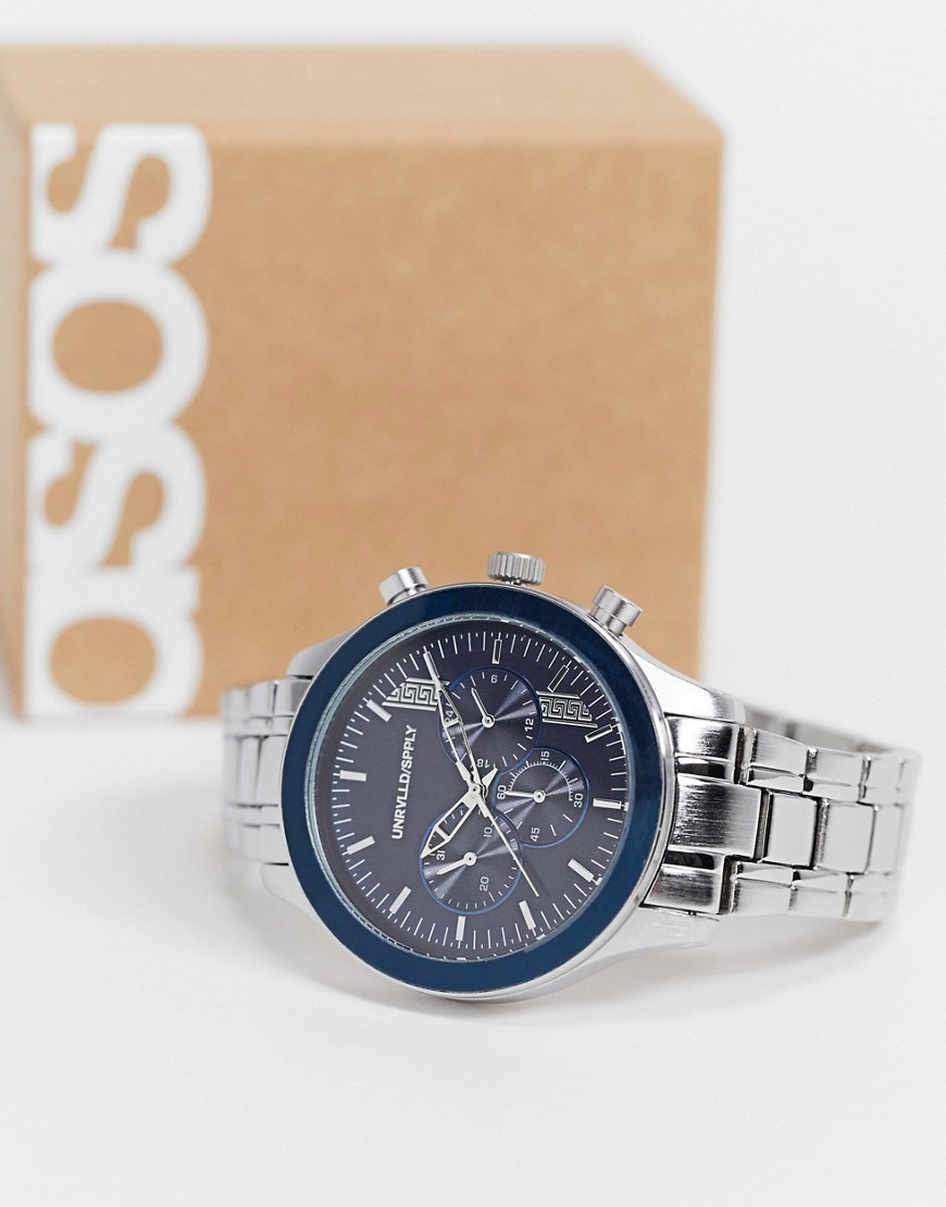 фото Серебристые часы-браслет с темно-синим циферблатом asos design-серебристый