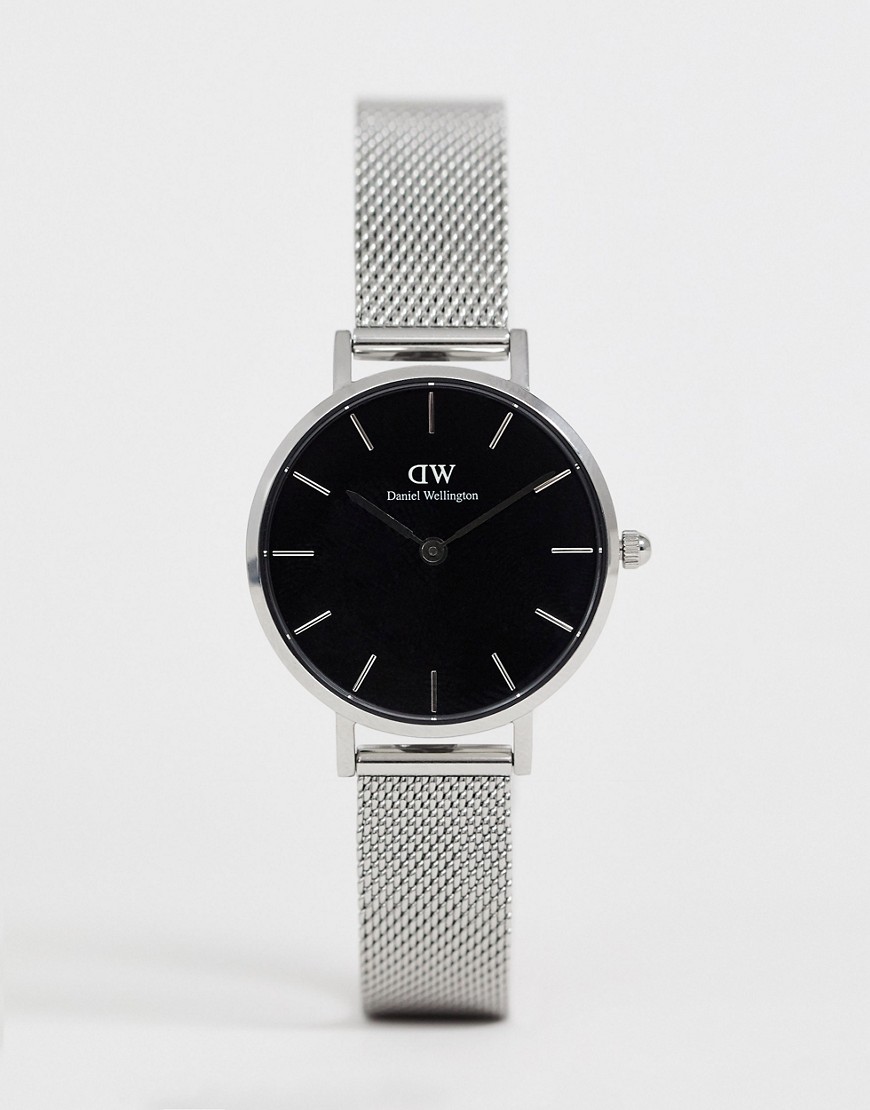 фото Серебристые часы с черным циферблатом и сетчатым браслетом daniel wellington petite, 28 мм-серебряный