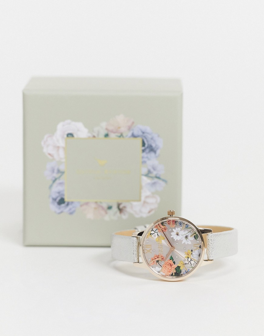 фото Серебристые часы с кожаным ремешком и циферблатом с цветочным принтом olivia burton ob16bf29 sparkle-серебристый