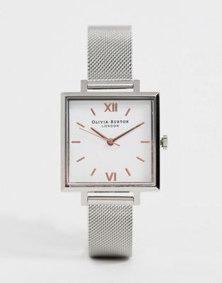 фото Серебристые часы с квадратным циферблатом и сетчатым браслетом olivia burton-серебряный