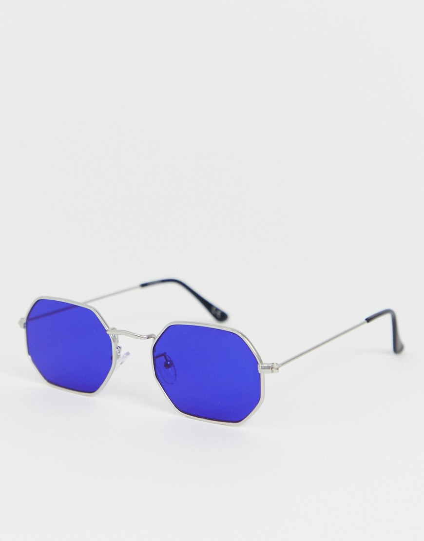 фото Серебристые металлические солнцезащитные очки с синими угловатыми стеклами asos design-серебряный