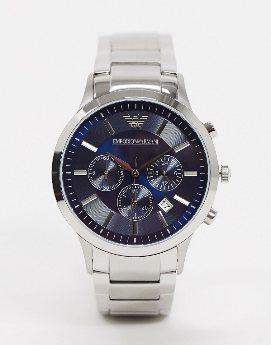фото Серебристые наручные часы с синим циферблатом emporio armani ar2448-серебристый