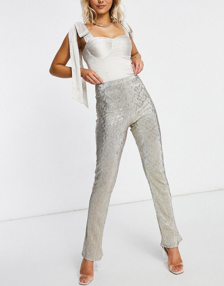 Серебристые расклешенные брюки из трикотажа с блестками ASOS DESIGN-Серебряный